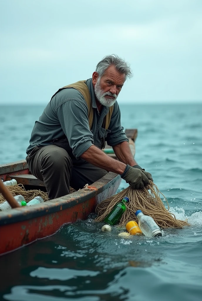 Man picking up trash at sea on top of a boat


