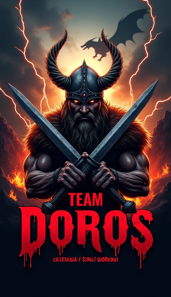 I want you to create a typical logo for an elite calisthenics athlete team..
To detail the idea The Logo Should have a Viking helmet with 2 swords in front of it in X, The background will be like a dungeon of the underworld, dark and with flames that express lament, anger and fear. With Dragons Flying In The Distance And Thunder Falling With The Words Of "Team Dorios" In front of the logo, Big Letters With Blood That Inspire Respect And Inspiration.
And in the lower part of the image I want you to put the words "Calistenia Y Street Workout" With Radiant Matte Colors, That Generate Respect, Motivation and Inspiration"