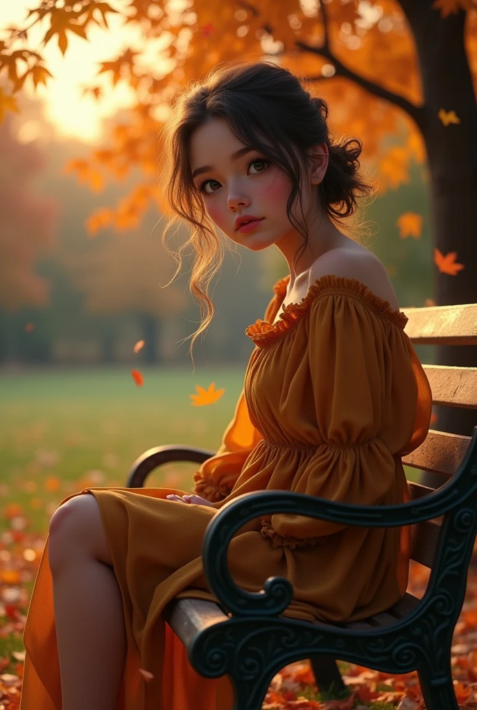 a serene autumnal landscape, 1 girl sitting on a bench, beautiful detailed eyes, beautiful detailed lips, extremely detailed face, long eyelashes, autumn dress, pensive expression, sitting in a park with colorful fall foliage, warm sunlight, golden hour, cinematic lighting, muted color palette, highly detailed, intricate textures, photorealistic, award winning digital art