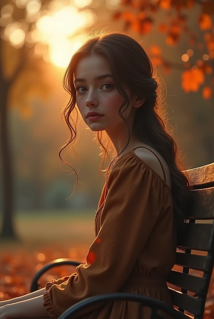 a serene autumnal landscape, 1 girl sitting on a bench, beautiful detailed eyes, beautiful detailed lips, extremely detailed face, long eyelashes, autumn dress, pensive expression, sitting in a park with colorful fall foliage, warm sunlight, golden hour, cinematic lighting, muted color palette, highly detailed, intricate textures, photorealistic, award winning digital art