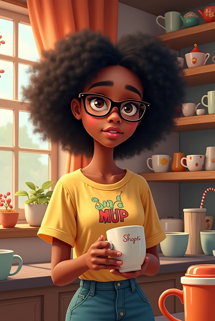 a one woman, black, wearing square glasses, black hair, holding a mug, in a mug shop, wearing a shirt with a mug art, Disney style