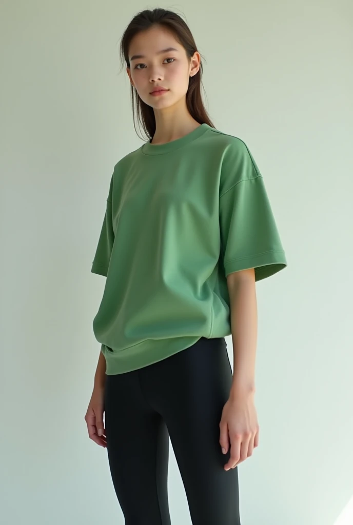 green short sleeved black sweatshirt and black leggings.