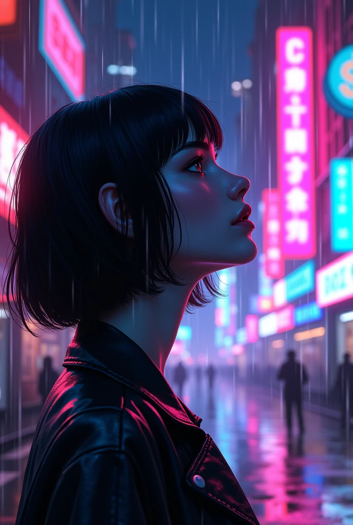Serana volkhiar in the rain side profile in the city, in the style of synthwave, magenta and cyan, extremely detailed art, rebecca sugar, shiny/glossy, hyper-detailed illustrations --ar 2:1, looking at sky in rain details, neon lights, cabelos lisos e curtos na altura dos ombros