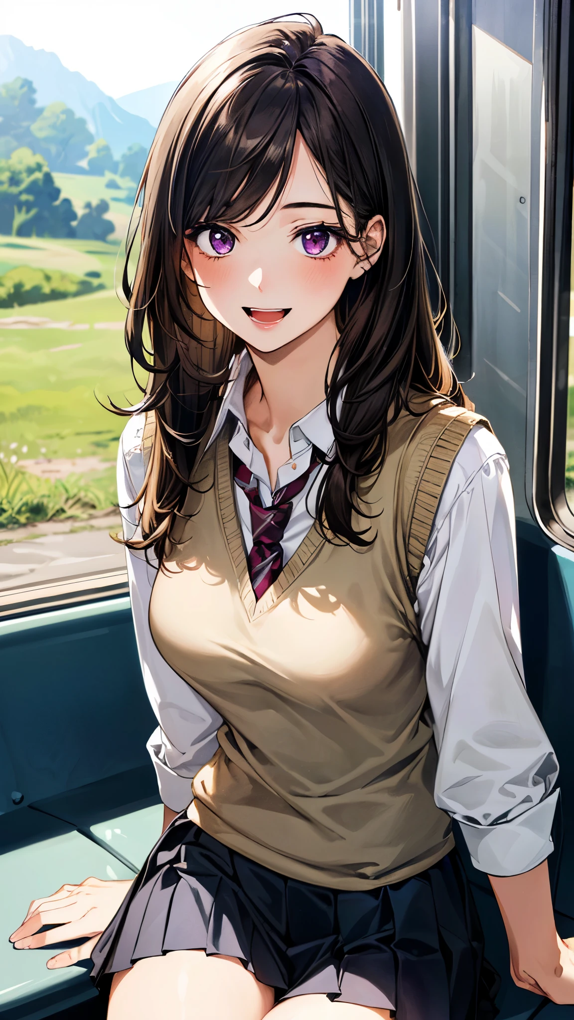 (masterpiece:1.3, top-quality, ultra high res, ultra detailed), (realistic, photorealistic:1.3), beautiful illustration, perfect lighting, natural lighting, colorful, depth of fields, surrealism,
beautiful detailed hair, beautiful detailed face, beautiful detailed eyes, beautiful clavicle, beautiful body, beautiful chest, beautiful thigh, beautiful legs, beautiful fingers,
looking at viewer, selfie, 1 girl, high school girl, (perfect anatomy, anatomically correct, super detailed skin), cute and symmetrical face, perfect face, perfect eyes, babyface, shiny skin,
(long hair, straight hair, dark brown hair), swept bangs, purple eyes, big eyes, drooping eyes, long eyelashes, (medium breasts, seductive thighs), slender, outstanding style,
(detailed cloth texture, break (khaki color knit vest), break long sleeve white collared shirt, break navy pleated skirt), break dark red tie,
(beautiful scenery), evening, (on the train:1.1), (sitting, pose with movement), (lovely smile, open mouth),