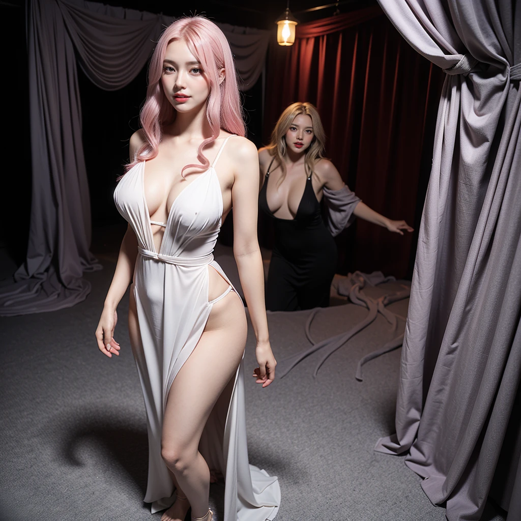 A young woman with long flowing pink hair and light purple eyes that are almost white stands confidently in a dimly lit room, wearing a sheer black babydoll nightgown that shows off her curves. Her full, bright red lips curve into a creepy smile as part of her canine teeth show, exuding a sense of seduction and fear. The terrifying glow around her accentuates her features, capturing the essence of her seductive demeanor from head to toe, inviting the viewer into her intimate world, full body, along with two hellhounds.