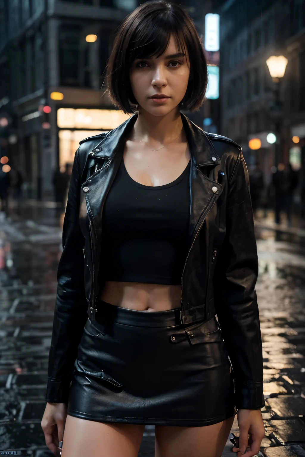 A beautiful girl with detailed features standing in a rainy street corner, wearing a black leather jacket with sunglasses, wearing black leather mini skirt, toned mid thigh, large hips, her long bangs covering part of her indigo eyes, a subtle glow around her face, an expressionless but captivating demeanor, with short hair, (best quality,4k,8k,highres,masterpiece:1.2),ultra-detailed,(realistic,photorealistic,photo-realistic:1.37),HDR,UHD,studio lighting,ultra-fine painting,sharp focus,physically-based rendering,extreme detail description,professional,vivid colors,bokeh,portraits,photography,dark,moody,dramatic lighting