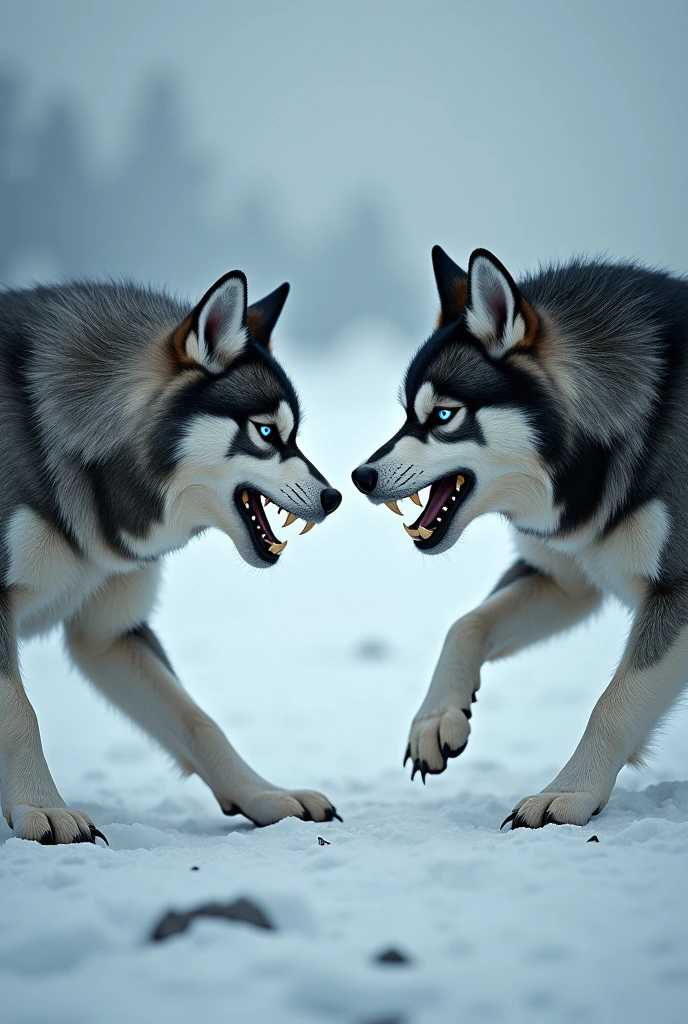 Draw two Siberian Huskies together hungry and angry 