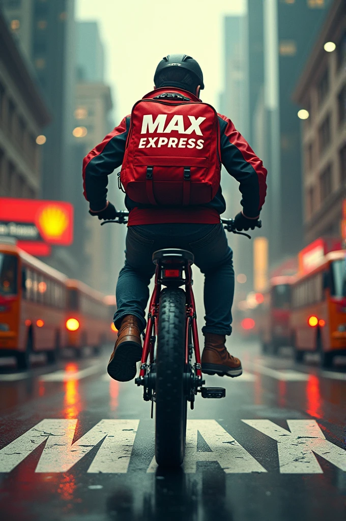 Biker with red backpack with the MAX EXPRESS logo and the title on the floor MAX ON THE WAY