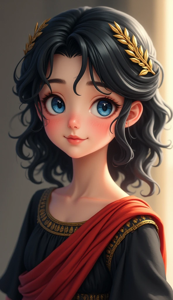 (high-quality, breathtaking),(expressive eyes, perfect face) portrait, 1girl, girl, solo, young kid, child, black hair, blue coloured eyes, stylised hair, gentle smile, medium length hair, loose hair, side bangs, curley hair, really spiky hair, spiked up hair, stylized hair, looking at viewer, portrait, ancient greek clothes, black long sleeved tunic gold trim around collar edges and down middle, greek, red and gold sash, simple background, laurel accessory, slightly narrow eyes, baby face, , happy expression, clothes similar to Hypnos Saint Seiya
