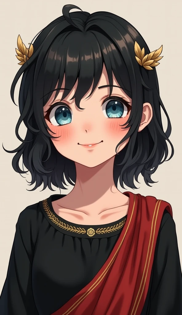 (high-quality, breathtaking),(expressive eyes, perfect face) portrait, 1girl, girl, solo, young kid, child, black hair, blue coloured eyes, stylised hair, gentle smile, medium length hair, loose hair, side bangs, curley hair, really spiky hair, spiked up hair, stylized hair, looking at viewer, portrait, ancient greek clothes, black long sleeved tunic gold trim around collar edges and down middle, greek, red and gold sash, simple background, laurel accessory, slightly narrow eyes, baby face, , happy expression, clothes similar to Hypnos Saint Seiya