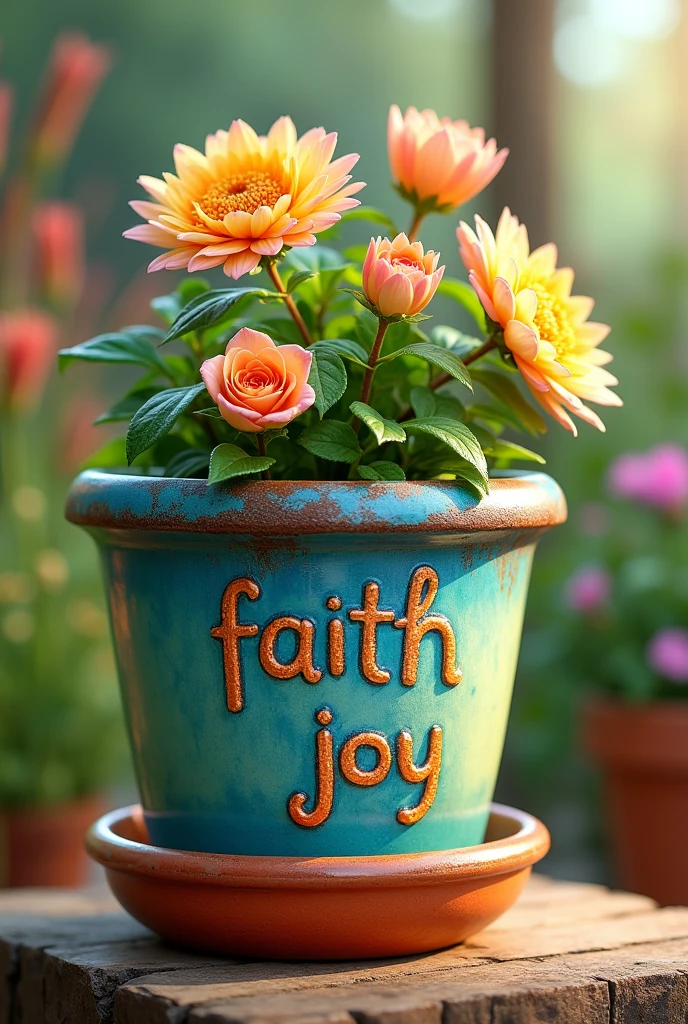 Colorful flowerpot with the words FAITH AND JOY Madelen Oyardo