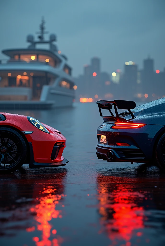 Dodge Challenger and Porsche GT3 RS on a luxury yacht, city in the background blurred, luz outfit, at night, that looks real, without people, facing both, Photo 3/4, with little rain, sin logos, Challenger and Porsche head on