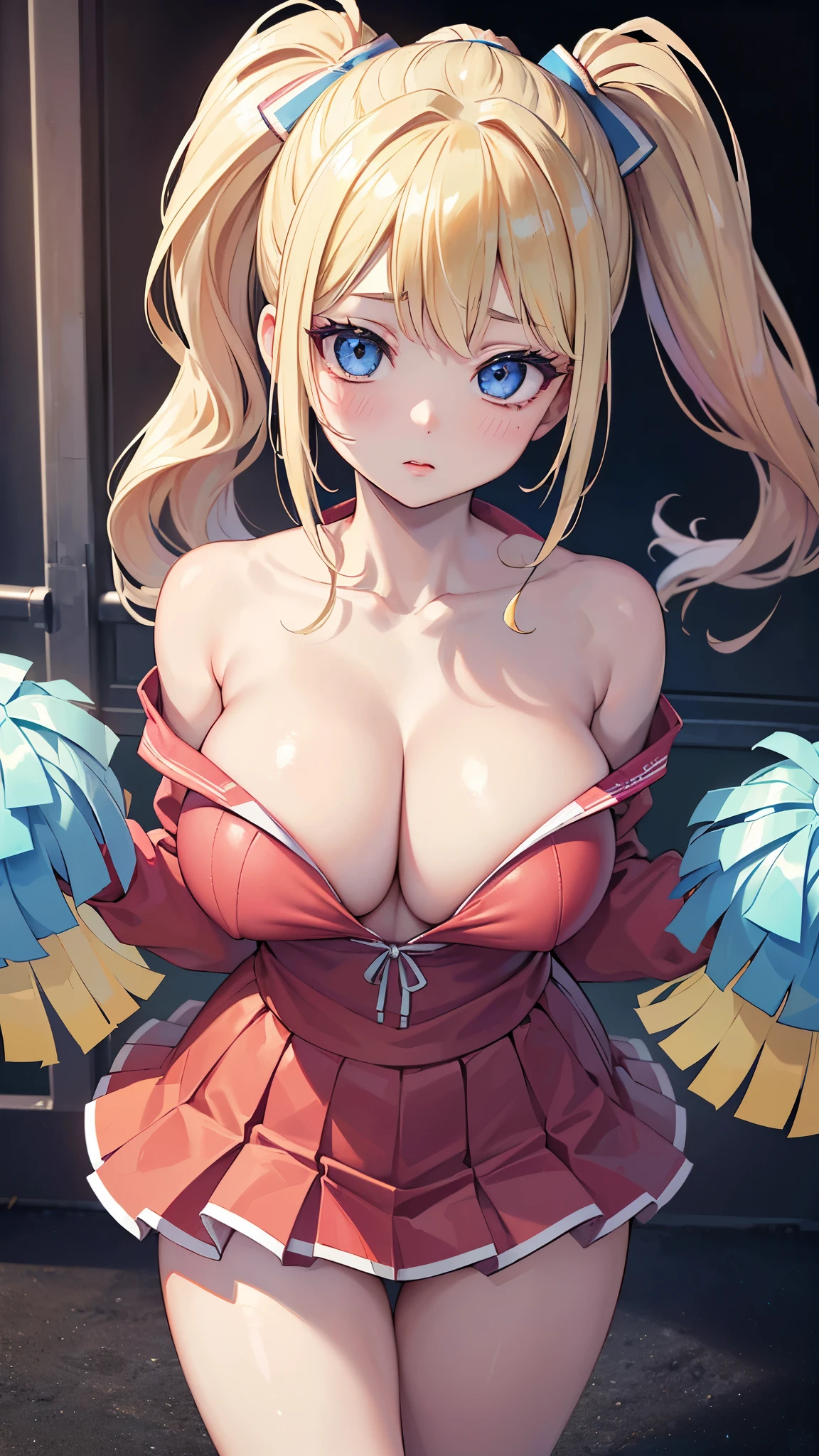 (masterpiece, 最high quality, 超High resolution, Very detailed), (Realistic:1.1, photoRealistic:1.4), Perfect illustration, Perfect lighting,Perfectly detailed hair, Perfect and exquisite face, Perfect collarbone, Perfect body,Juicy breasts, Perfect Thighs, Beautiful legs, View your audience, 1 person,Perfect Face, (Perfect Anatomy, Anatomically correct), Symmetrical face、((Shiny Hair)),sexyなボディ、(masterpiece),(最high quality:1.3),8k,Very clear,(Ultra-realistic),Captivating woman,(high quality, High resolution, The finer details), Realisticなスタイルの女性,Juicy breasts、Perfect Woman、Perfect Face、Symmetrical face、、Cowboy Shot、((Big breasts))、Cleavage、blush、((Juicy lips))、(((Blonde ponytail)))、((Big double blue eyes、Long eyelashes))、(Red Makeup)、(((Cheerleader、exy))、((sexyな制服))、(Healthy and well-developed body)、((Big tits jk))、(Stadium)