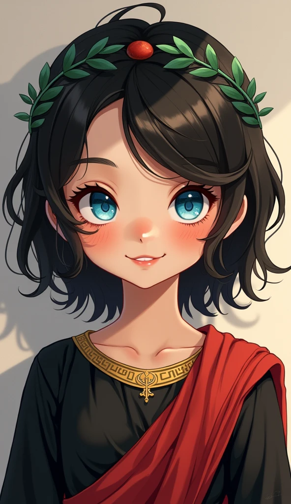 (high-quality, breathtaking),(expressive eyes, perfect face) portrait, 1girl, girl, solo, young kid, child, black hair, blue coloured eyes, stylised hair, gentle smile, medium length hair, loose hair, side bangs, curley hair, really spiky hair, spiked up hair, stylized hair, looking at viewer, portrait, ancient greek clothes, black long sleeved tunic gold trim around collar edges and down middle, greek, red and gold sash, simple background, laurel accessory, slightly narrow eyes, baby face, , happy expression, clothes similar to Hypnos Saint Seiya