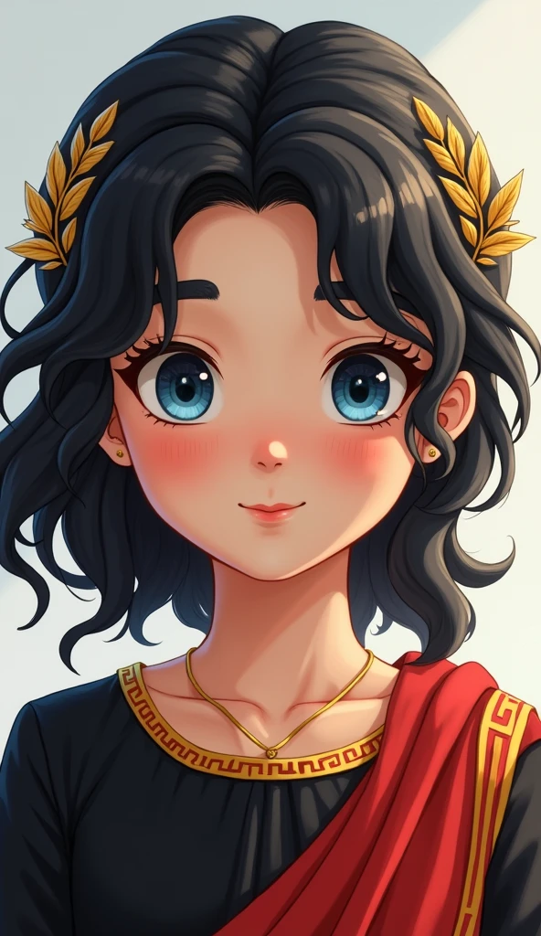 (high-quality, breathtaking),(expressive eyes, perfect face) portrait, 1girl, girl, solo, black hair, blue coloured eyes, stylised hair, gentle smile, medium length hair, loose hair, side bangs, curley hair, really spiky hair, spiked up hair, stylized hair, looking at viewer, portrait, ancient greek clothes, black long sleeved tunic gold trim around collar edges and down middle, greek, red and gold sash, simple background, laurel accessory, slightly narrow eyes, baby face, , happyon, clothes similar to Hypnos Saint Seiya