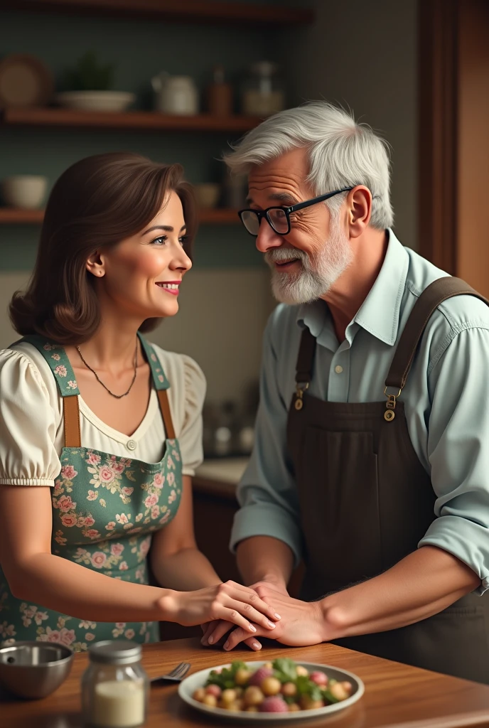 Gray-haired man with stylish glasses Housewife woman with flowered apron and brown hair