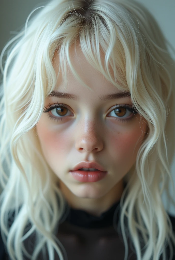 offwhite, wavy hair half straight, dark haired, dark shaped eyes