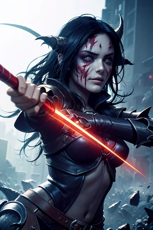 girl, Rotten Zombie Warrior, Evil look, sexy,  Wield a spear, Demon Armor, Face Paint, Body Paint, Red glowing eyes, Combat Stance, Vibrant appearance, Creative Action, Imaginative, Sensual, Voluntary, Highest quality, Skin Texture, Intricate details, (Cinema Lighting), RAW Photos, 8k