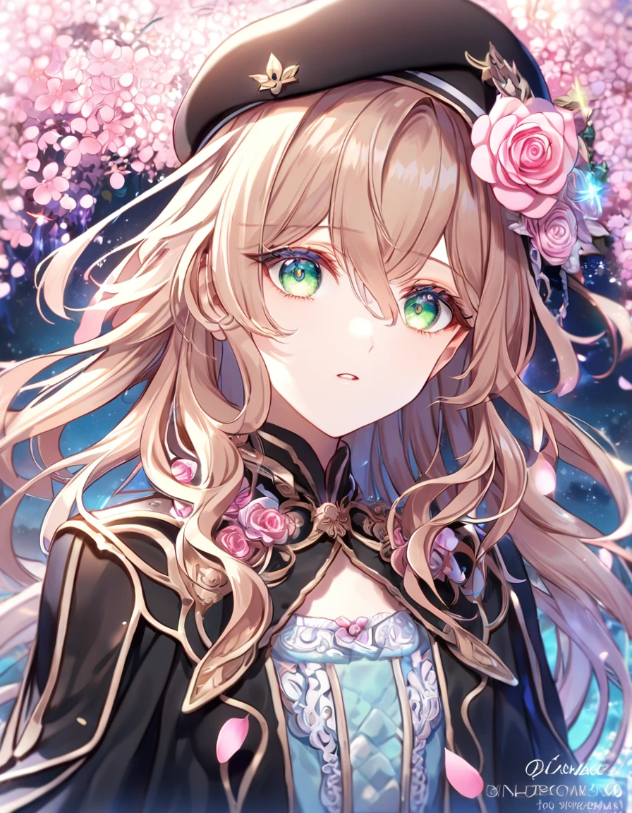 absurdres, highres, ultra detailed, HDR, master piece, Heroine, light brown hair, middle-lenght hair, expressive light green eyes, black beret, black coat, light blue dress, pink rose at the side of her head, Amnesia Memories, woman, close up, best quality, pink blossoms, pink petals, pink flowers, fantasy, magical, pink shining fireflies, solo, water, extremely beautiful