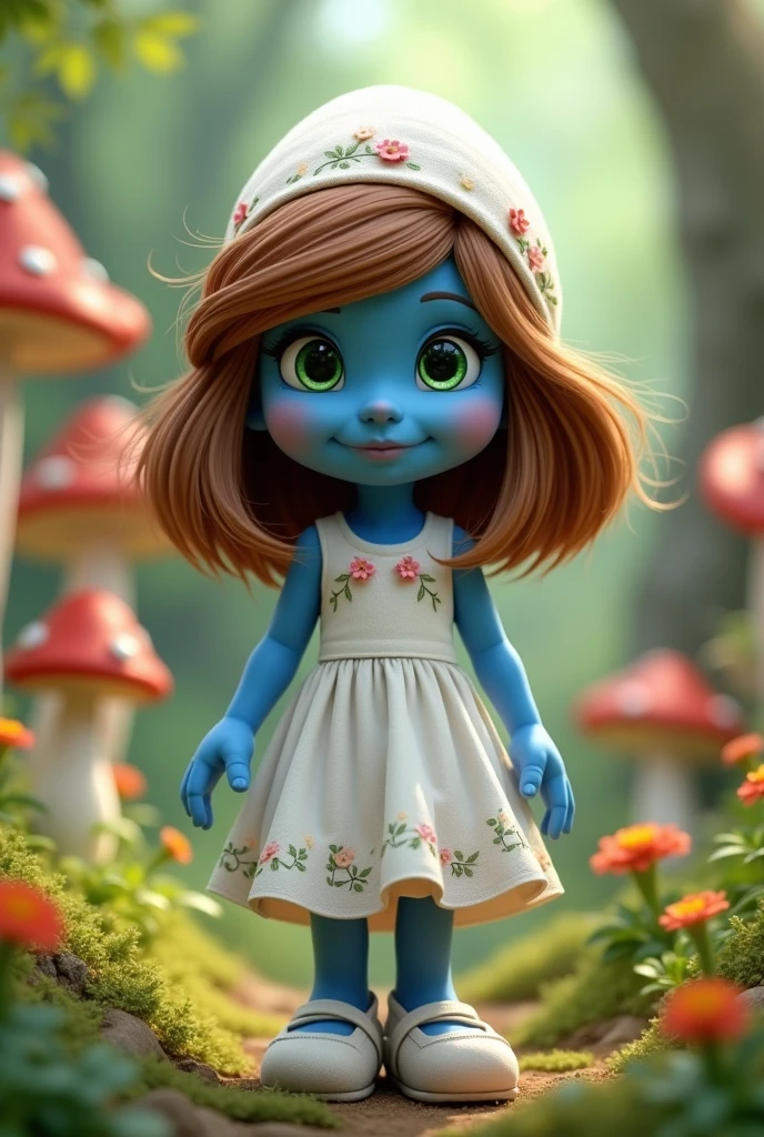 Create a female smurf, with brown hair, green eyes and a white dress and hair reaching her shoulders