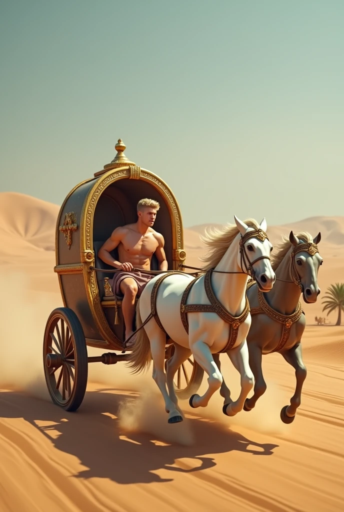 A handsome beautiful slim white skin shirtless man in a roman horse racing chariot in the desert 