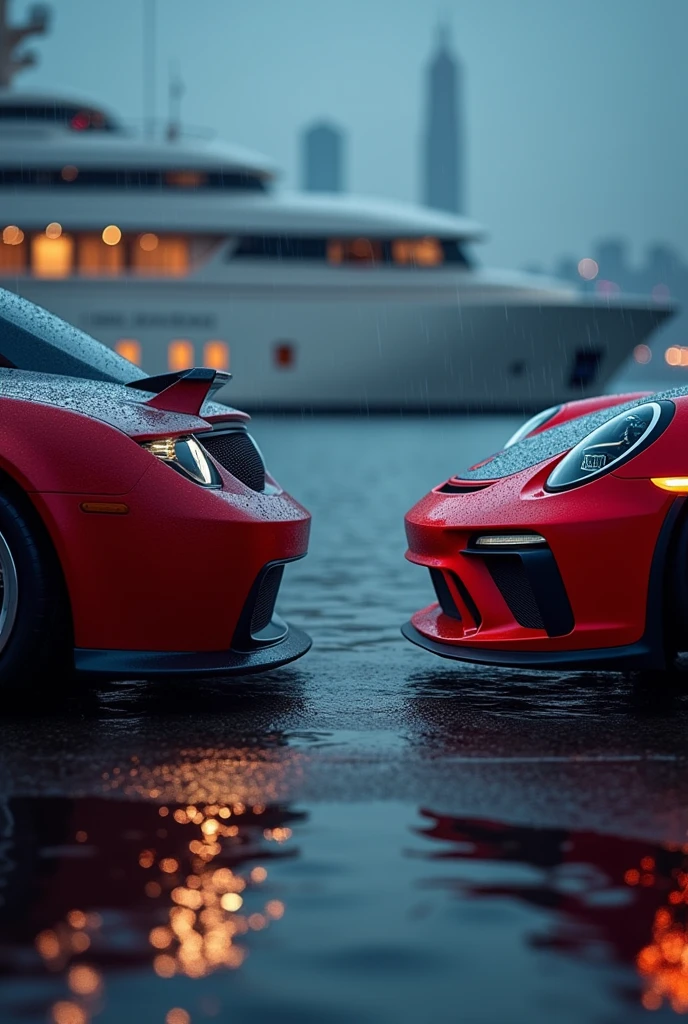 Dodge Challenger and Porsche GT3 RS on a luxury yacht, city in the background blurred, luz outfit, at night, that looks real, without people, facing both, Photo 3/4, with little rain, sin logos, Challenger and Porsche head on