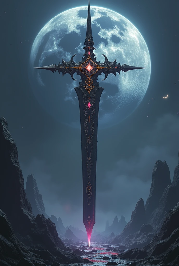 Halberd of hell abbys, halberd super detailed((search image of halberd for reverence)),1,8 meter halberd Long,human long halberd,halberd head is slimmer,have a long spike at head weapon,the spear tip long on top,long ,abbys aura,dark abbys,crescent moon halberd featuring,mysterious red and purple halberd,planet shatter at background,planet shatter detailed,the planet split in two part background, destruction planet detailed,planet split,moon split and broken((image for planet split in two part)),silver pattern and golden rune around,abbys dark,dark style,evil ways, demonic God weaponery,evil background,destruction everywhere, ultra hd,24K ultra hd, better quality, masterpiece, ultra realistic halberd