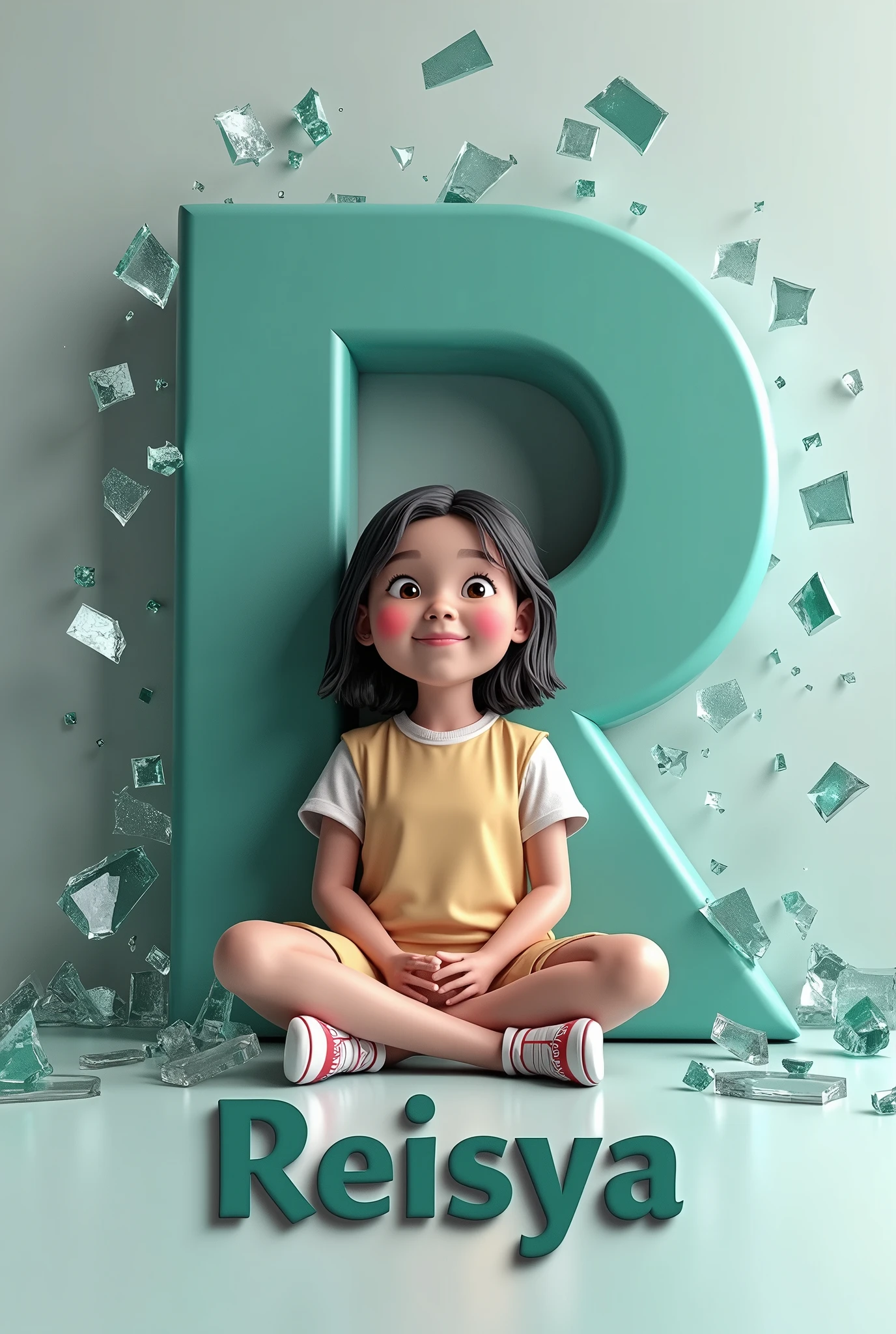 real 3D real Indonesian girl  smiling and sitting in front of a large letter "R" surrounded by broken glass, Below the figure, there is text that says "Reisya" The overall design has a dynamic and creative feel, perhaps representing the brand or the persona of an artist or content creator