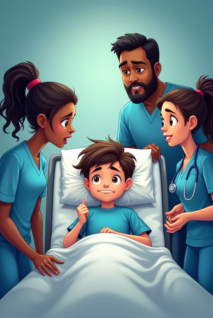 A boy, Secual is in a hospital bed due to an arm injury, He has a blue shirt with short sleeves, has a rebellious attitude. his mother a dark-skinned woman, high, A man of about 4 stands next to him and scolds him for his bad attitude.. Next to her is the pediatric nurse, a girl with a ponytail.. With a stethoscope he tries to calm the situation with a smile.