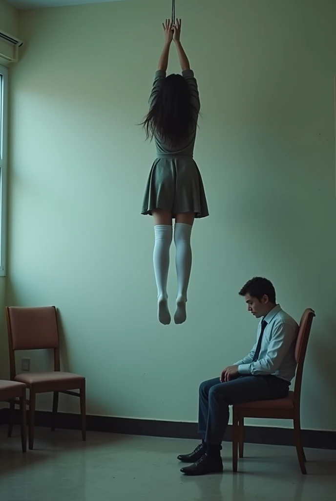 Scene of female student wearing white thigh high socks hanging herself to death ,hovering in the air , a man sitting on the ground in panic with a chair on the ground