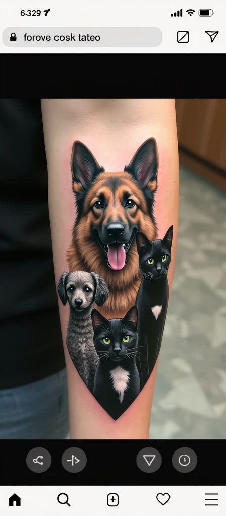 create a realistic black and grey arm tattoo with three elements, being two dogs and a cat. The three animals are forming a triangle, positioned as follows: The bigger dog is alone and right below him, on the sides comes the smaller dog and the cat. create something new, single and mixed, something nice, that has a coherence. The biggest one is a German Shepherd Panda, he has a lighter spot on his forehead and his chest is white, he is open-mouthed looking to the side; the smaller dog is a very dark gray black, your ears are drooping, he has a white chest, the white snout, the hair is a bit wavy, has the tip and the whole of the paws white, He is a medium-haired poodle and his mouth is half open with his tongue hanging out a little.; the cat is black with green eyes, with white details on the chest in a diamond shape, the tips of the paws are white, the tail is thin and the tip of the tail is white, she is serious looking ahead. Use the reference of the photo I uploaded to reproduce the position of the elements.