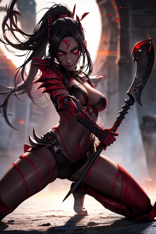 girl, Rotten Zombie Warrior, Evil look, sexy, Wield a spear, Demon Armor, Face Paint, Body Paint, Red glowing eyes, Combat Stance, Vibrant appearance, Creative Action, Imaginative, Sensual, Voluntary, Highest quality, Skin Texture, Intricate details, (Cinema Lighting), RAW Photos, 8k