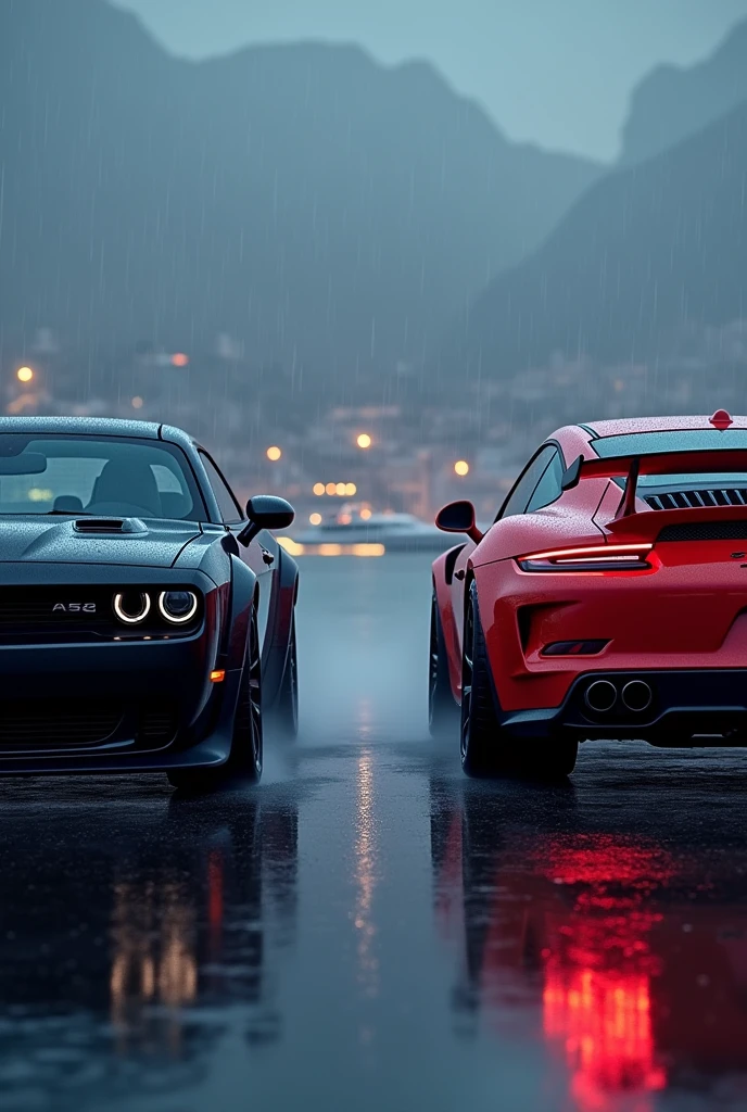 Dodge Challenger and Porsche GT3 RS on a luxury yacht, city in the background blurred, luz outfit, at night, that looks real, without people, facing both, Photo 3/4, with little rain, sin logos, Challenger and Porsche head on