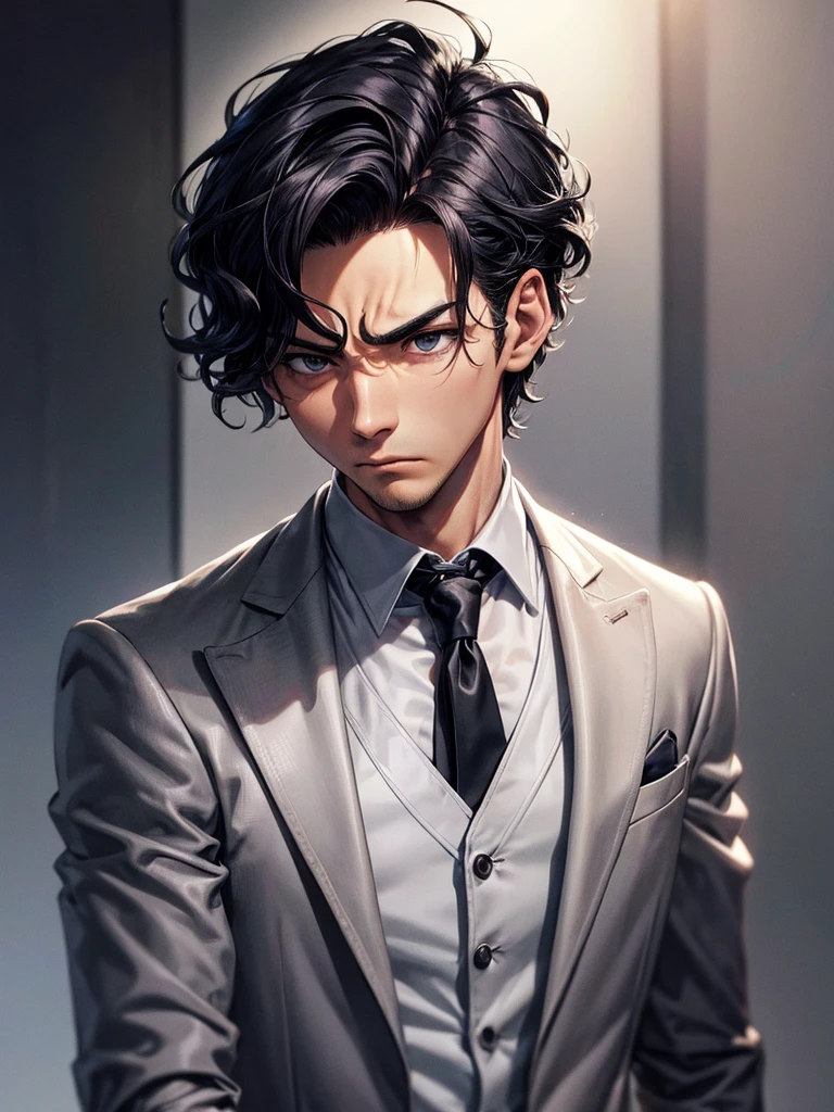 Chico , Very short hair, wavy hair, Closed mouth, Frowns, Alone, from one side, gangster suit.hair between eyes, muscular, Cold look .High resolution, 