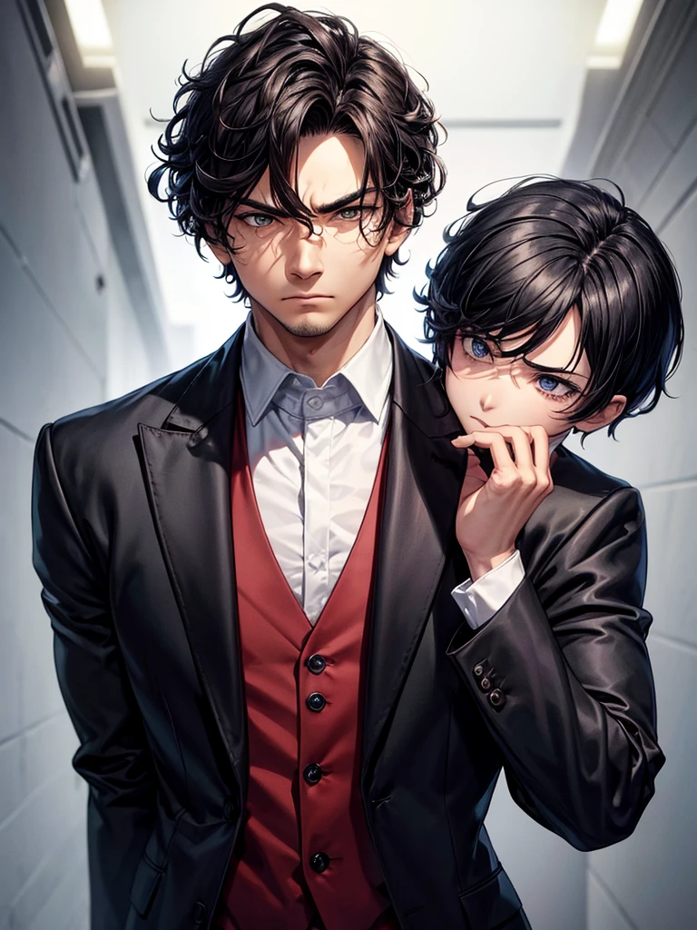 Chico , Very short hair, wavy hair, Closed mouth, Frowns, Alone, from one side, gangster suit.hair between eyes, muscular, Cold look .High resolution, 