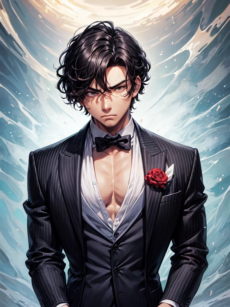 Chico , Very short hair, wavy hair, Closed mouth, Frowns, Alone, from one side, gangster suit.hair between eyes, muscular, Cold look .High resolution,