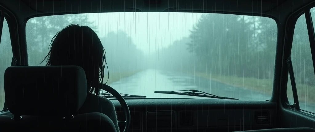 Inside the car, rain outside, wipers, nobody