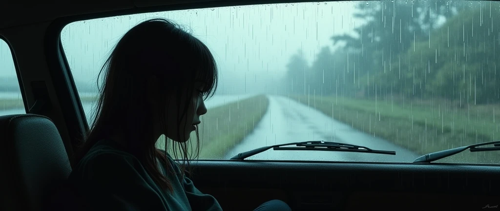 Inside the car, rain outside, wipers, nobody