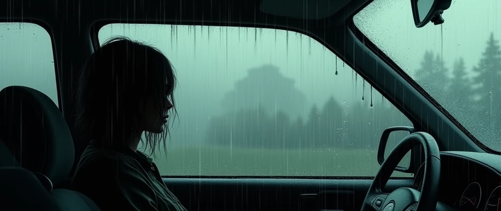 Inside the car, rain outside, wipers, nobody