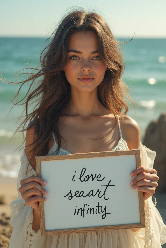 Beautiful girl with wavy long hair, bohemian dress, holding a white board with text "I Love Seaart Infinity" and showing it to the viewer