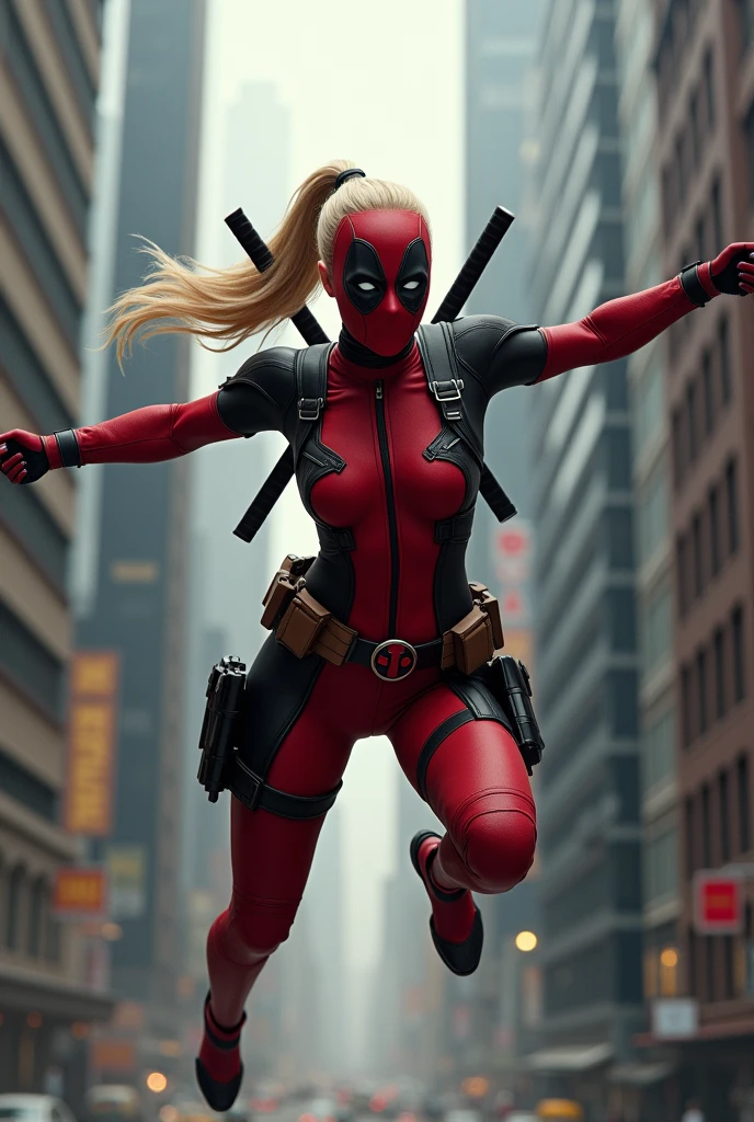 ((Jumping between skyscrapers))),(((lady deadpool))),(((A beautiful woman with long blonde hair tied back in a ponytail))),(((bajo el manto de Wanda Wilson alias lady deadpool))),(((fighting pose))),(((Mascara visores blancos cubre rostro lady deadpool))),(((Cinturón lady deadpool)))