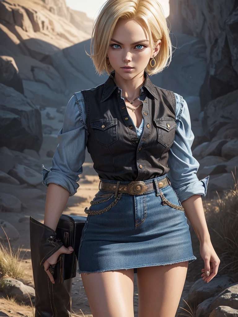 (cowboy shot: 1.2), (android_18, I18(dragon ball z), (finely detailed beautiful eyes and detailed face), (face over hip: 1.4), (knee strike: 1.2), blonde hair, One, lady, (beautiful background), :), Dynamic angle, Blue eyes, fair face, Sun Ray, (Bright Face: 1.2), very wide hips, Very thick thighs, full body shot, One, blonde hair, Blue eyes, short hair, earrings, Jewelry, Denim dress, open vest, (black shirt), denim skirt, (Long striped sleeves), blue skirt, brown cowboy boots