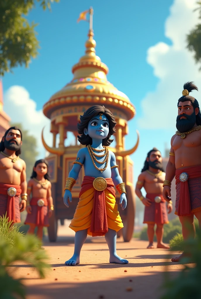 In cinematic 3d cartoon style "1. Krishna Leaving for HastinapurScene Description: Krishna, dressed in royal garments with a serene expression, is seen preparing to leave for Hastinapur. The scene is set in the beautiful city of Dwarka, with Krishna standing beside his chariot, which is decorated with gold and jewels. Arjuna and the other Pandavas are nearby, expressing their hopes for a peaceful resolution. The atmosphere is calm but filled with anticipation.Visual Elements: The chariot is ornate with golden details, and Krishna's attire reflects his divine status. The landscape of Dwarka is vibrant, with blue skies and lush greenery in the background.