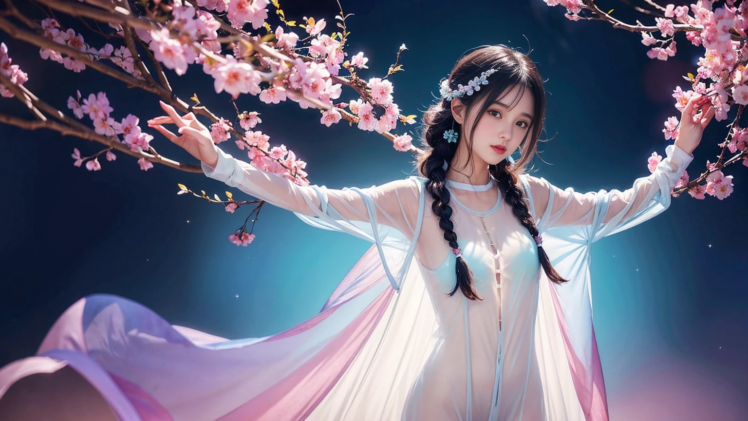 The story of a beautiful girl surrounded by love, Braided braids with pretty eye details, A charming anime girl gracefully emerges from the watercolor page, Her colors are bright and complex, Bring your artwork to life, (transparent, Transparent clothing, Transparent clothing:1.5), She was wearing a dreamy see-through dress，transparent乳房上装饰着精致的细节, Fascinating world view, Luminous body, Sparkling crystals surround her like air., Soft Casting, otherworldly brilliance, Watercolor style、Make your images smooth、exquisite, it&#39;Just like the colors blend naturally., Camera shooting: Medium shot, Soft Focus, illuminate　light, watercolor brush strokes, Exquisite and detailed anime illustrations, Open-chest outfit, Rainbow Colors, 彩虹灯illuminate的美丽女孩,flat chest