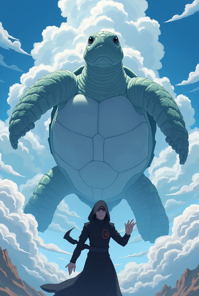 Make a turtle out of clouds . Do it in manga style. Do it in the style of the anime Naruto. Make a black ninja being the summoner of the cloud turtle.