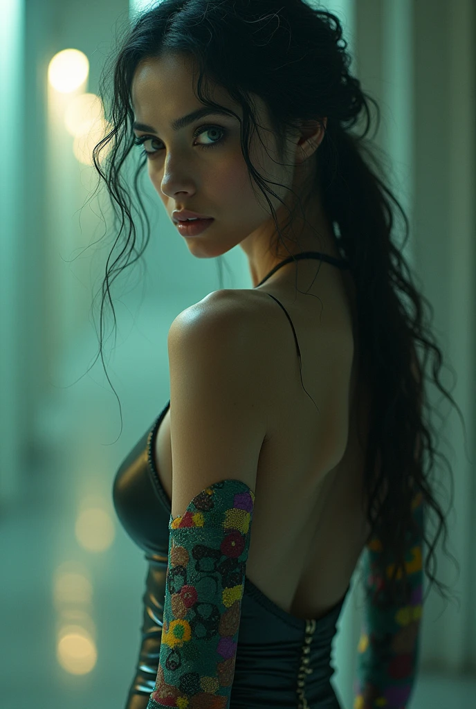 editorial photography,super detailed background,Super realistic,double exposure,depth of field,beauty cute super slender skinny crazy sadist vides,soft_focus dark tone,narrative scene,brutal_gaze,jade_eyes,indian,full-body portrait,multicolored latex patchwork full body plug suit,sci-fi,