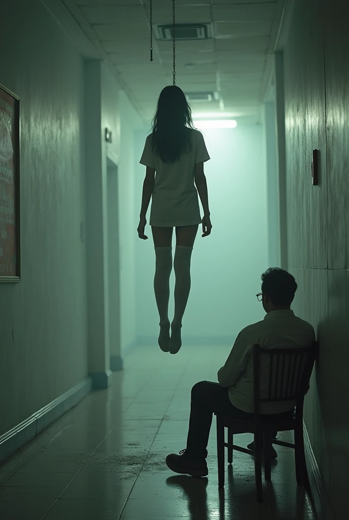 Scene of female student wearing white thigh high socks hanging herself to death ,hovering in the air , a man sitting on the ground in panic with a chair on the ground