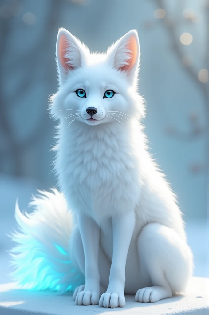 a Full White Fox With Light Blue Inner Ears, Light Blue Inner Tail, And Light Blue Inner Eyes