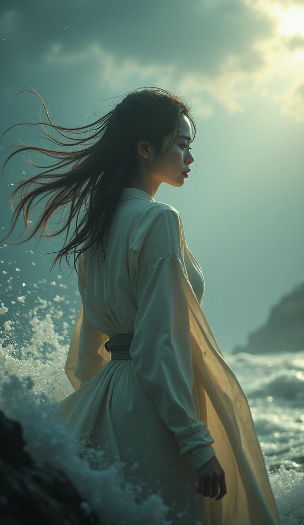 typhoon、storm、heavy rain、A ray of light、Woman wearing light-colored clothing