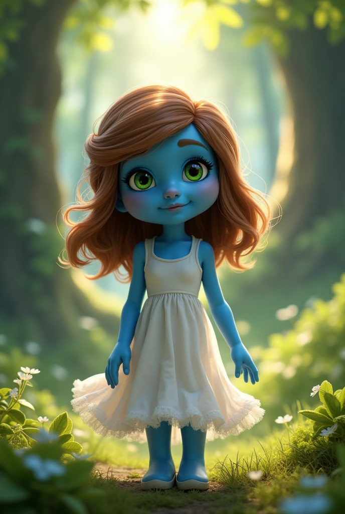 Create a female smurf, teenager with brown hair, green eyes and a white dress and hair reaching her shoulders